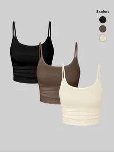 2026 Summer Bestseller Solid Color Versatile Casual Sleeveless Cami Top Set, Three-Piece Basic with Pads, Slim Fit Crop Innerwear, Wearable Outerwear