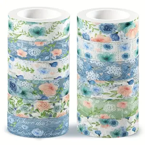 12 rolls of blue rose spring party masking tape, a dual-purpose paper and DIY Sticker tape design, suitable for scrapbooking, journal decoration, crafts, and birthday gift wrapping, adding a romantic spring touch to your creations.