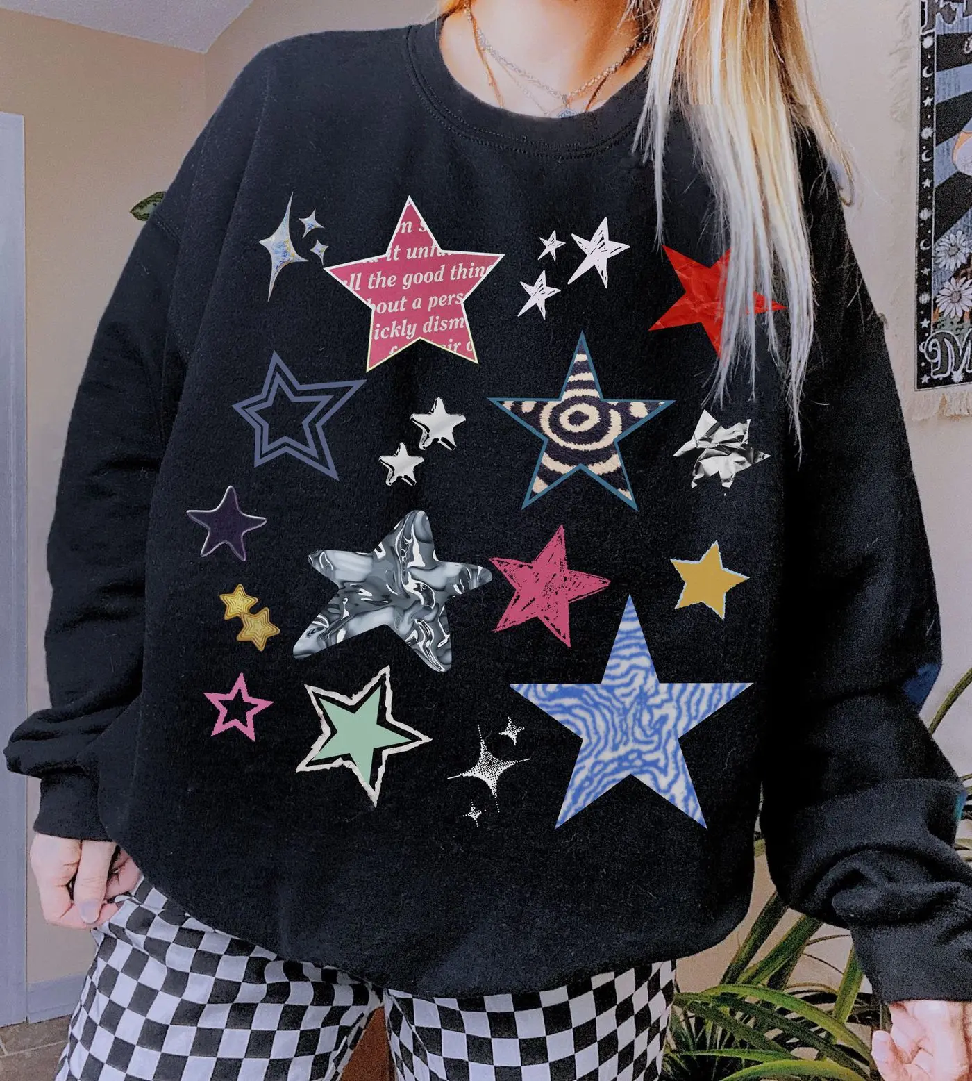 Stars Statement Sweatshirt, Boho Grunge, Y2K Oversized Trippy Crewneck, 90s Celestial, Whimsigoth Clothing, Downtown Girl Sweater, Unisex