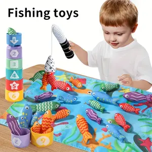 [Cloth Fishing Game] Children's Fishing Toys Set Cloth Fishing Game with Stacking Cups Cloth Fishing Game with Stacking Cups Colorful Little Fish Practical Toys Gifts for Boys and Girls