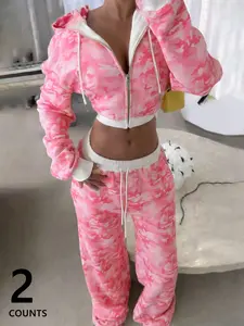 Women's Camo Print Hooded Zip-up Long-sleeve Top & Drawstring Waist Sweatpants Set, Womenswear Y2K Trendy Streetwear Street Style, Perfect for Casual Daily Wear, Camouflage