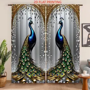 2-piece diamond photo frame, peacock printed semi-transparent curtains, pole bag curtains, suitable for living room, bedroom and home decoration. Hand washable, hookless.