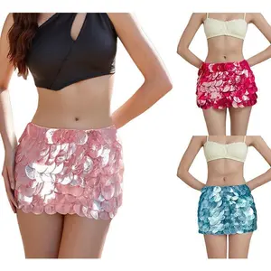 Women's Fashion Mini Skirts Low Rise Sequins Skirts Spring Summer Casual Bodycon Skirts Blue Womenswear Bottom Light Check Polyester