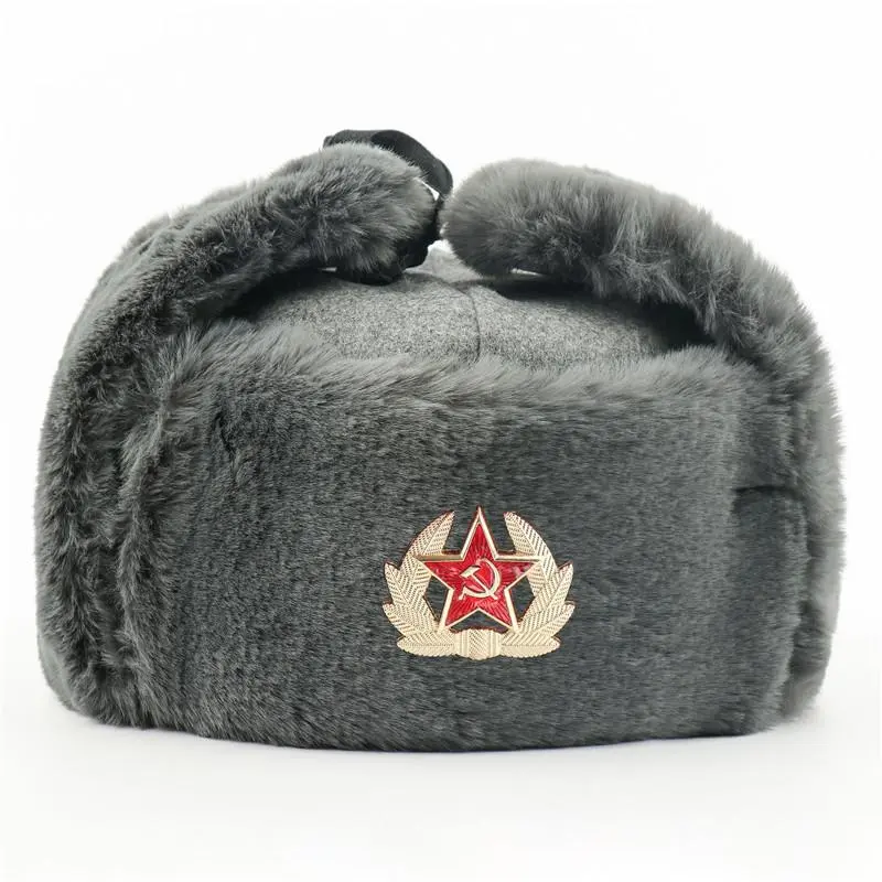 SupSindy Soviet Badge Ushanka Men Winter Bomber Hats CCCP Pilot Faux Rabbit Fur Earflap Army Trapper Trooper Hat Russia Snow Cap
