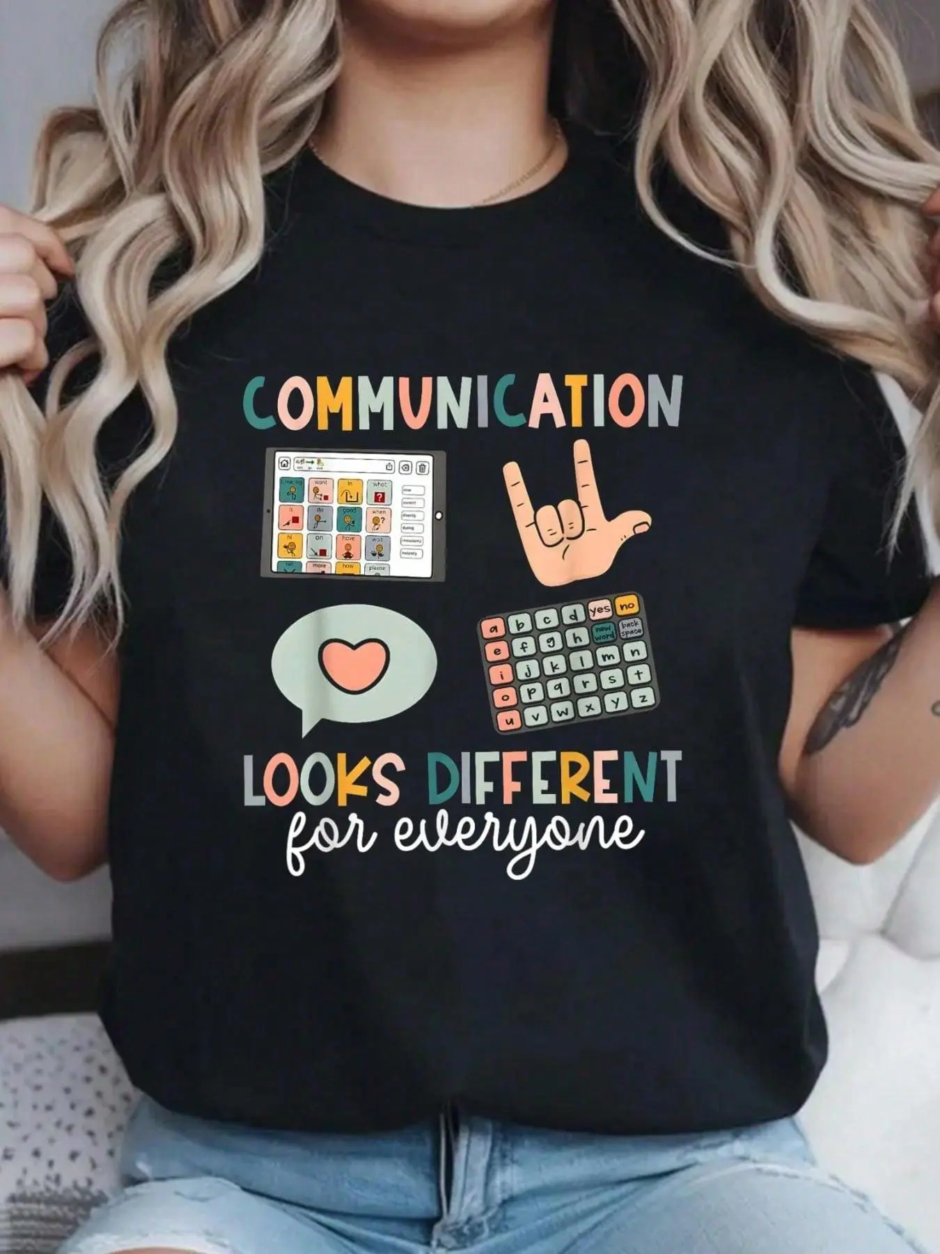 Communication Looks Different For Everyone SPED Teacher ASD T-Shirt Print T-Shirt Casual Crew Neck Short Sleeve Comfort Tee Top For Spring & Summer Women's Clothing