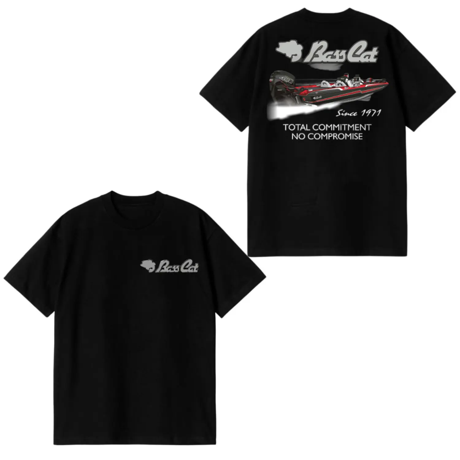 Bass Cat Boats T-Shirt, Black Performance Tee with Speed Boat Graphic and "Total Commitment" Slogan, High Performance Fishing Shirt for Pro Anglers & Boat FansEverydayOutfit, ClothesForYou