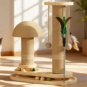 Cat Scratching Post small Cat Scratcher Kitten Toys for Indoor Cats Wooden Ball Track Two-Layer Modern sisal-covered  16.3" Tall Scratch Post Interactive Toy with Dangling Ball Middle Size Scratching Post Mushroom Extra-Large