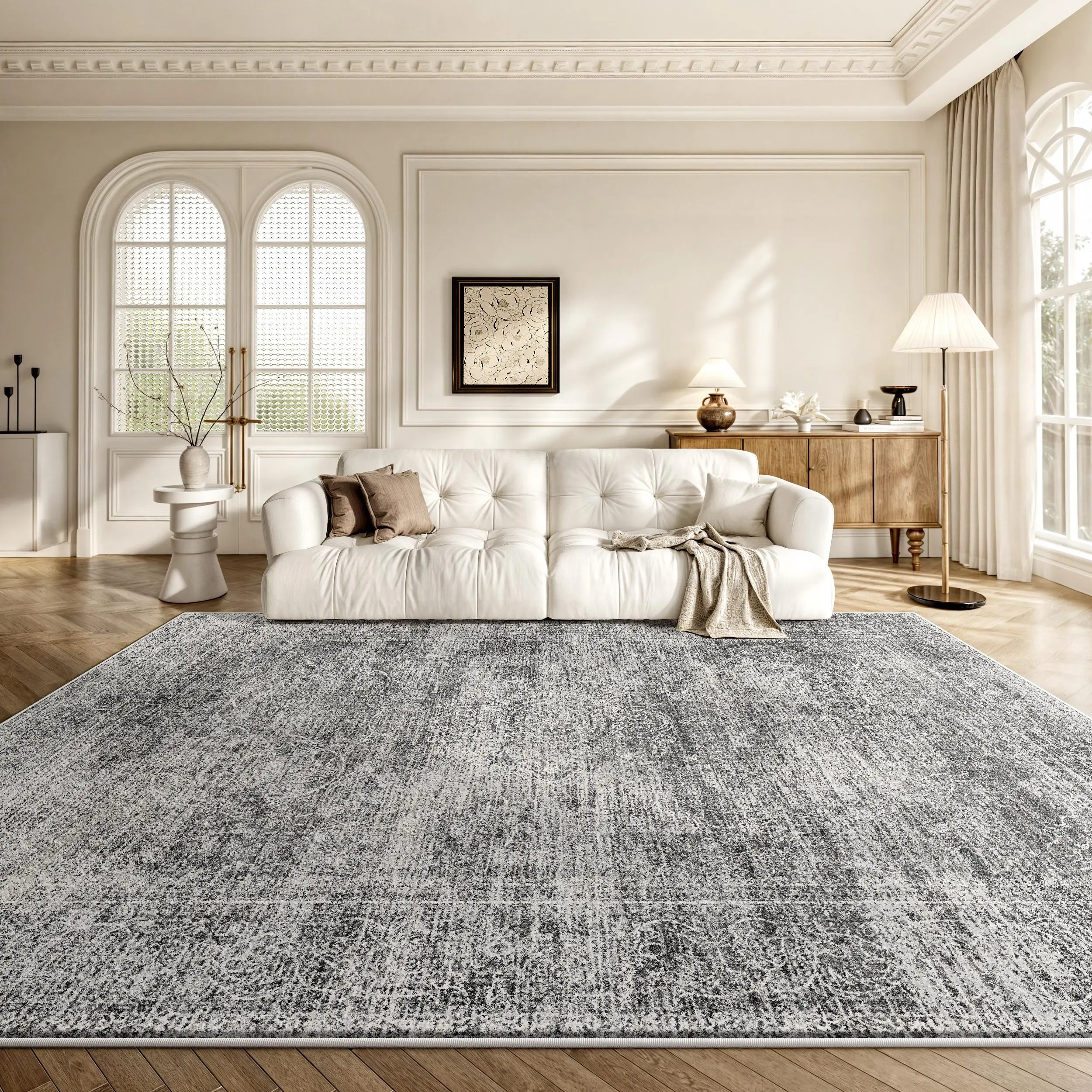 RUGIXE Faux Cashmere Washable Gray Persian Area Rug 5x7 6x9 8x10, Heavyweight Soft Low Pile TPR Non Slip Rug, Foldable Durable Vintage Medallion Carpet for Living Room Bedroom Entryway