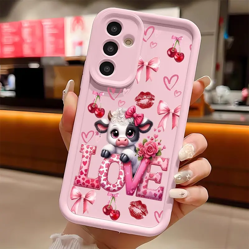 Cute Cow LOVE Pink Soft Silicone Phone Case For Galaxy S26Ultra/S25Edge/S24fe/S23/S22/S21Plus/A13/A14/A15/A16/A17/A33/A34/A35/A36/A52/A53/A54/NOTE20 Drop Protection|Full Camera Protection|Anti-Scratch|Non-Slip|Perfect Birthday Gift for Her