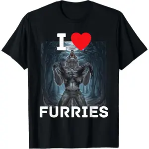 Casual Round Neck Shortsleeve Fashion Cotton Graphic Tees Streetwear I Heart Furries Funny Cringe Alpha Werewolf Wolf Meme T-Shirt