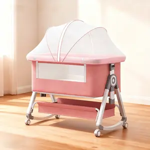 4-in-1 Baby Bassinet, Adjustable Bedside Sleeper with Rocking Function, 6 Height Levels, Easy Foldable with Storage Basket & Mattress Portable Crib