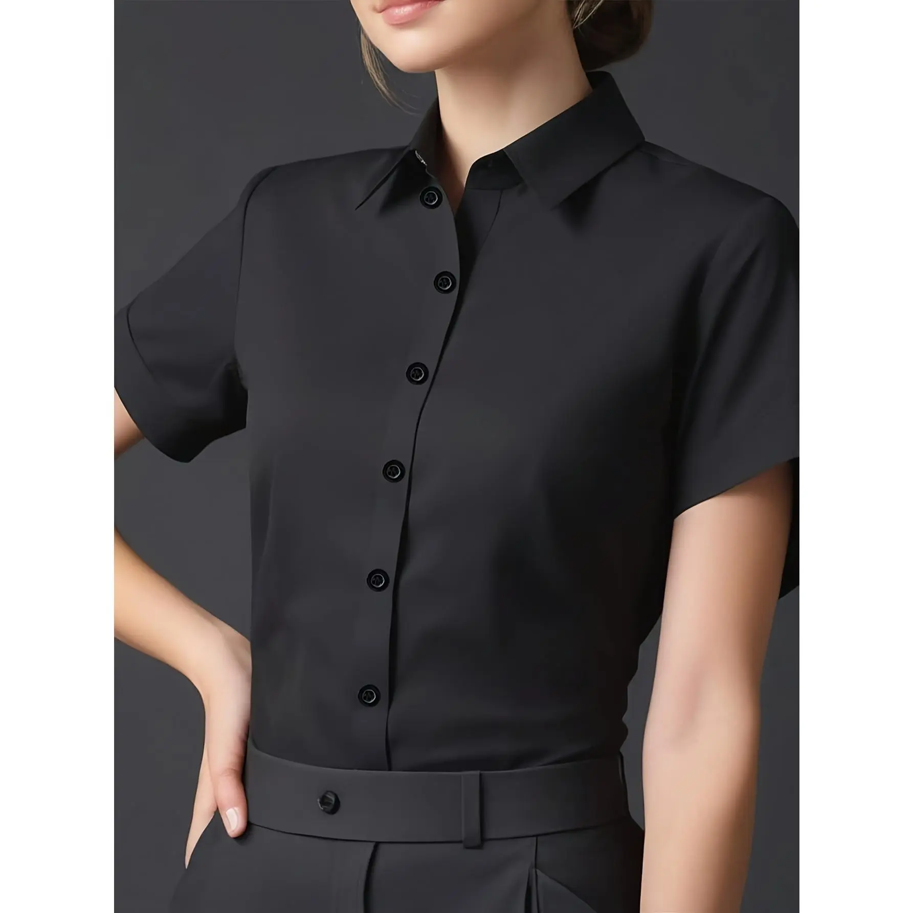 Women's elegant solid black short sleeve button-up shirt-lightweight polyester, machine washable, classic collar design for summer office or casual wear
