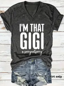 Spring Summer Gigi Print V-Neck T-Shirt, Fashionable Comfortable Casual Tee, Daily Wear Trendy Graphic Top for Women, Breathable and Versatile