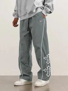 Men's Casual Pants with Cross Print, Side Stripe Loose Fit Wide Leg Drawstring High Street Long Pants, 1 Piece Pack