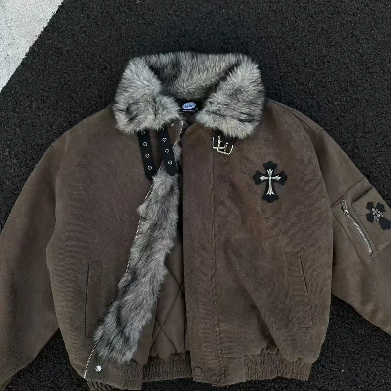 Men's Stylish Faux Fur Collar Padded Long Sleeve Coat - Menswear Zip-Up Warm Bomber, Y2K Motor Aviator, Thick Fabric, Cropped, Buckle Detail, Embroidered Cross Patch, Ribbed Hem, Cold Weather Streetwear