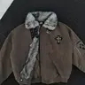Men's Stylish Faux Fur Collar Padded Long Sleeve Coat - Menswear Zip-Up Warm Bomber, Y2K Motor Aviator, Thick Fabric, Cropped, Buckle Detail, Embroidered Cross Patch, Ribbed Hem, Cold Weather Streetwear
