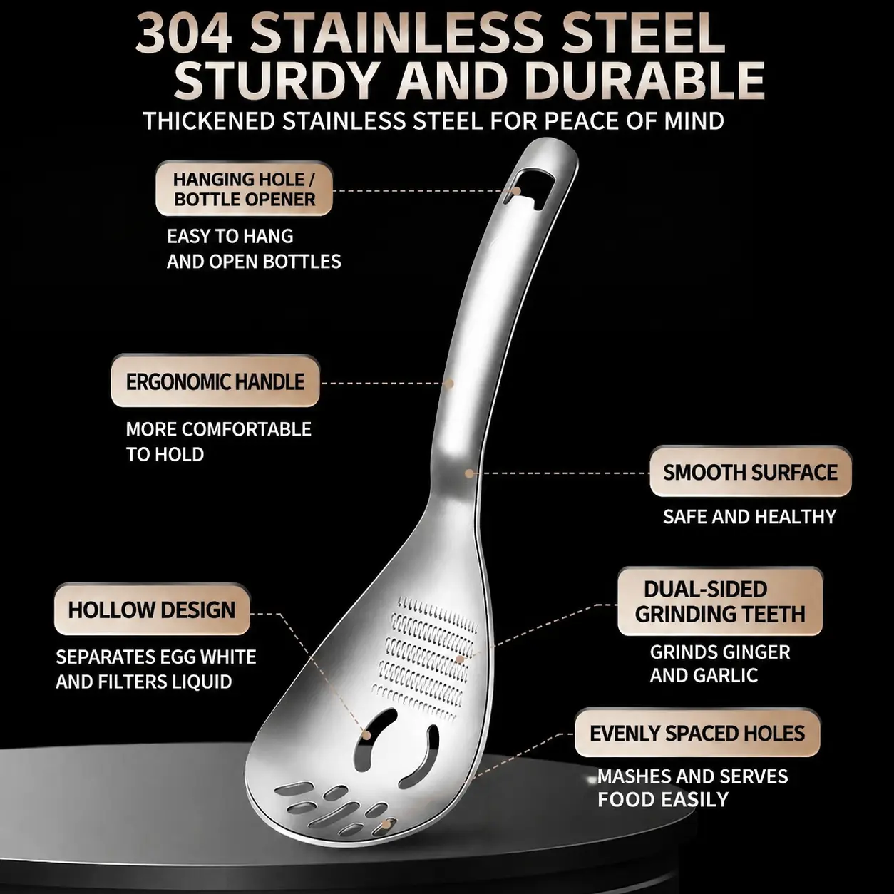 5 in 1 Multifunctional Cooking Spoon, 304 Stainless Steel Egg Yolk Separator for Raw Eggs, Potato Masher, Food Grater Plate, Slotted Spoon, and Bottle Opener - Heavy Duty Kitchen Utensil