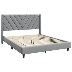 【Full Size】Costoffs Upholstered Platform Bed Frame with Tufted Winged Headboard – Wooden Slat Support, No Box Spring Needed, Mattress Foundation, Light Gray