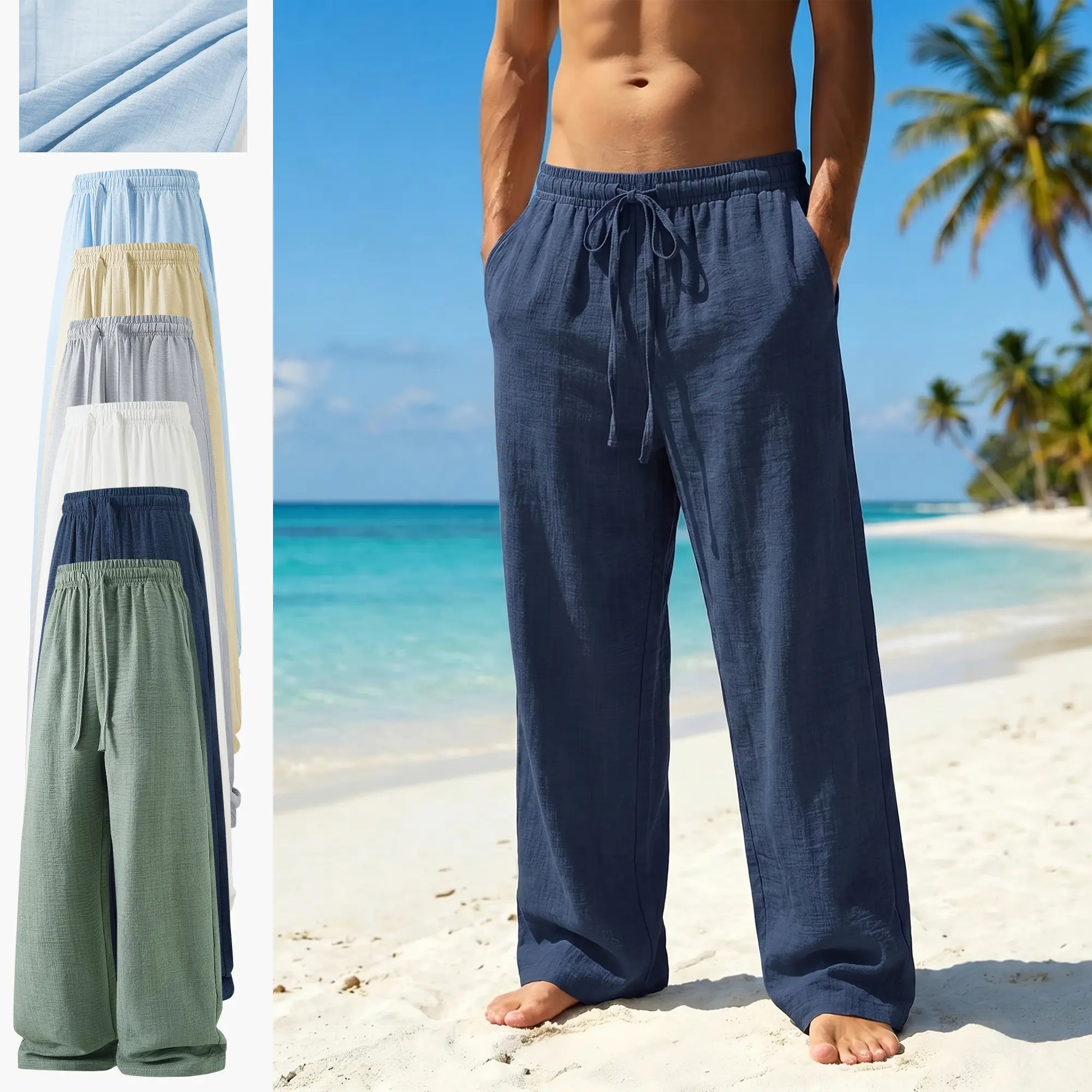 Men’s summer lightweight casual retro pants | Loose fit, drawstring tie, breathable and stylish, suitable for indoor gatherings and outdoor activities, minimalist design | Material: 100% polyester fiber