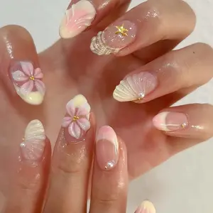 24pcs Clear Nude Nail Polish, Almond Shape, Medium Length, Glossy Finish, Shell, Flower, Gold Foil, Pearl Decor, Versatile Fashion, Nail Art, Nail Art Manicure