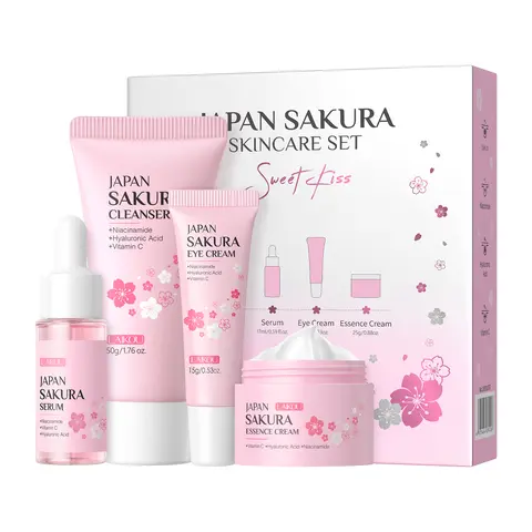 Women's Premium Japan Sakura Spa Hydrating Complete Essential Skin Set - 4-Piece TSA-Friendly Travel Skincare Premium Gift Set with Cleanser, Serum, Eye Cream, Hydrating Moisturizer for Gentle Cleansing & Moisturizing Care Skin Products