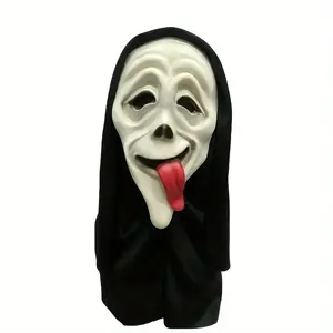 Halloween Horror Mask with Protruding Tongue, Natural Rubber Scary Hooded Headgear for Parties & Performances, Ages 14+