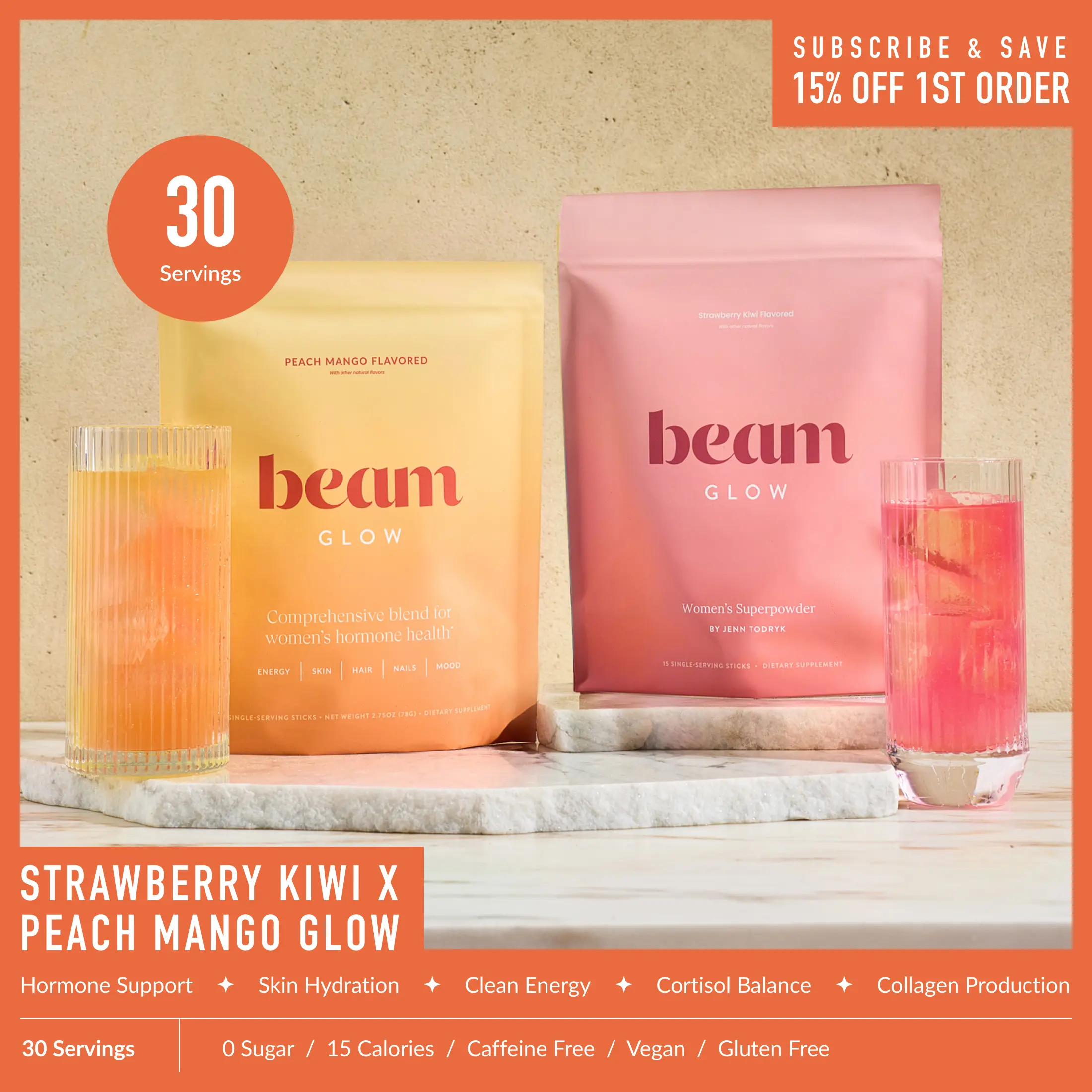 Beam Glow Limited Edition Peach Mango Beauty Dietary Powder Supplement Superblend Duo-Trio Pack - 30 or 45 Servings Collagen Vitamin Drinks for Women’s Hormone Balance, Skin Care, Hair, Nail Support (Limited Edition, 10 Calories, 0 Sugar) | Summer Sale