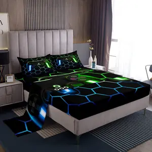 Gaming Bed Sheets Game Contoller Sheet Set,Glitter Gamepad Bedding Set Glitter Honeycomb Geometric Fitted Sheet Deep Pocket + Flat Sheet + 1 Pillowcase Gamer Home Decor