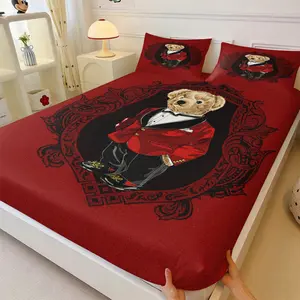 Luxury Red Gentleman Teddy Bear Fitted Sheet Set, Includes One Bedspread and Two Pillowcases, Hypoallergenic Mattress Cover, Soft Breathable Bedcap, Non-slip Fixation, All Seasons Use, Complete Sheet Set, Soft Bedding Sheet