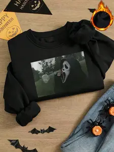 "Scream" classic ghost face killer pattern print, casual retro long-sleeved pullover, round neck casual sports women's pullover sweatshirt, autumn and winter plus velvet women's clothing, Graphic Sweatshirt