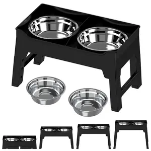 Adjustable Height Dog Bowl Set - Slow Feeder & Spill-Proof Water Bowl Stand, Foldable No-Assembly Pet Feeder for Small Medium Large Dogs, 4 Height Settings