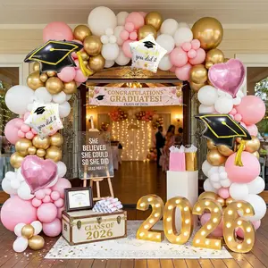 132PCS 2026 Pink Gold White Graduation Balloon Arch Kit Garland Decoration with Heart Star Graduation Cap Foil Balloons for Class of 2026 Girl Grad Party P