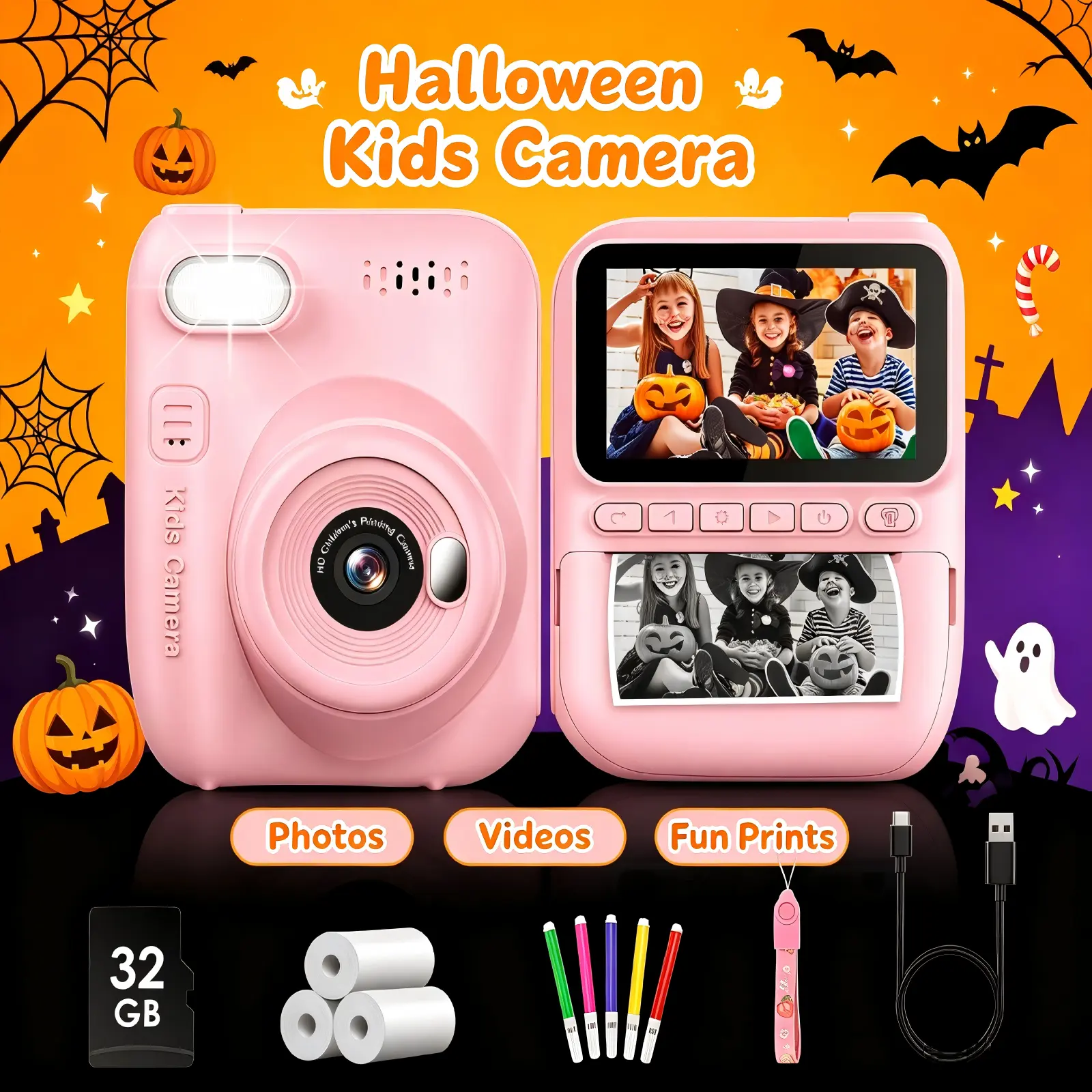 Instant Print Camera for Kids, 3.0" HD 32MP Kids Camera 1080P with 3 Rolls of Printer Paper,  Perfect Gift for Christmas, Birthday,  toddler gift  for 3-12 Year Old   Kids  High Definition Rechargeable Battery Flash Photography Digital , Halloween gifts