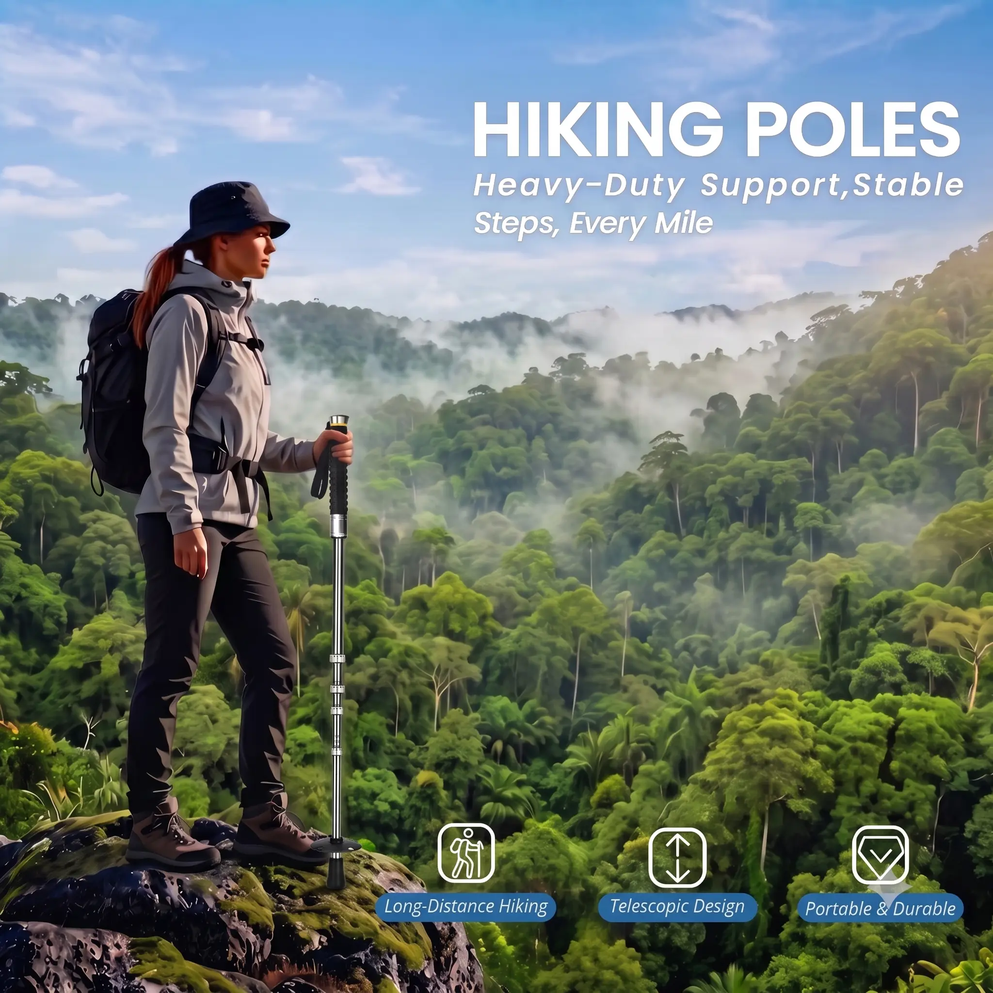 Compact Portable Outdoor Walking Stick Telescopic Utility Tool with Anti-Slip Grip for Hiking & Camping