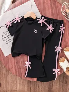 Girls' Sweet Cool Ballet Style Short Sleeve T-Shirt + Bell Bottoms Set, Bow Details, Perfect for Casual Outing and Parties, Summer Clothing Set
