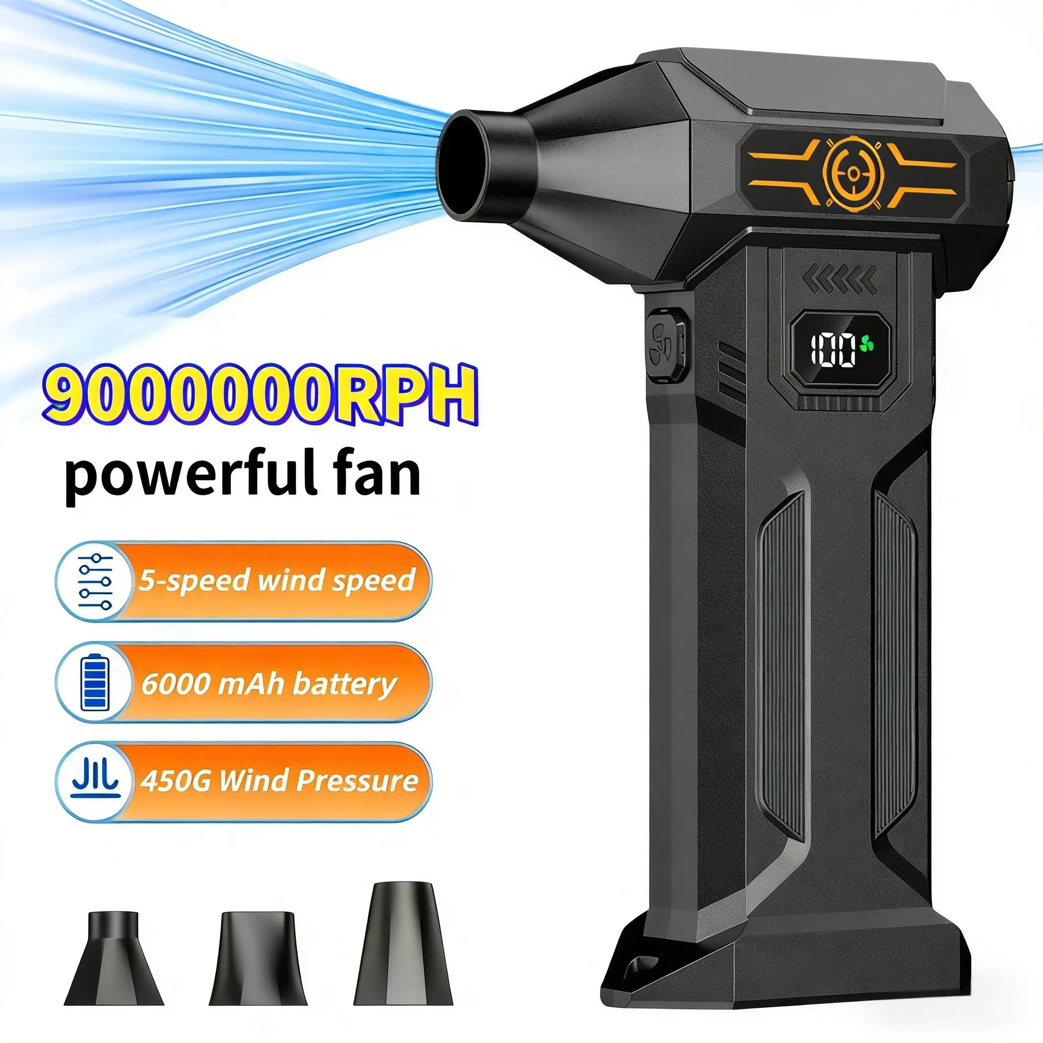 Portable Turbo Jet Blower, Handheld Cordless Blower, Battery Operated Blower, Rechargeable Air Blower, 9000000RPH High-Power Snow Blower, 6000mAh battery pack, USB-C Fast Charging, 5 wind speed modes, Dust Removal, Leaf Blowing