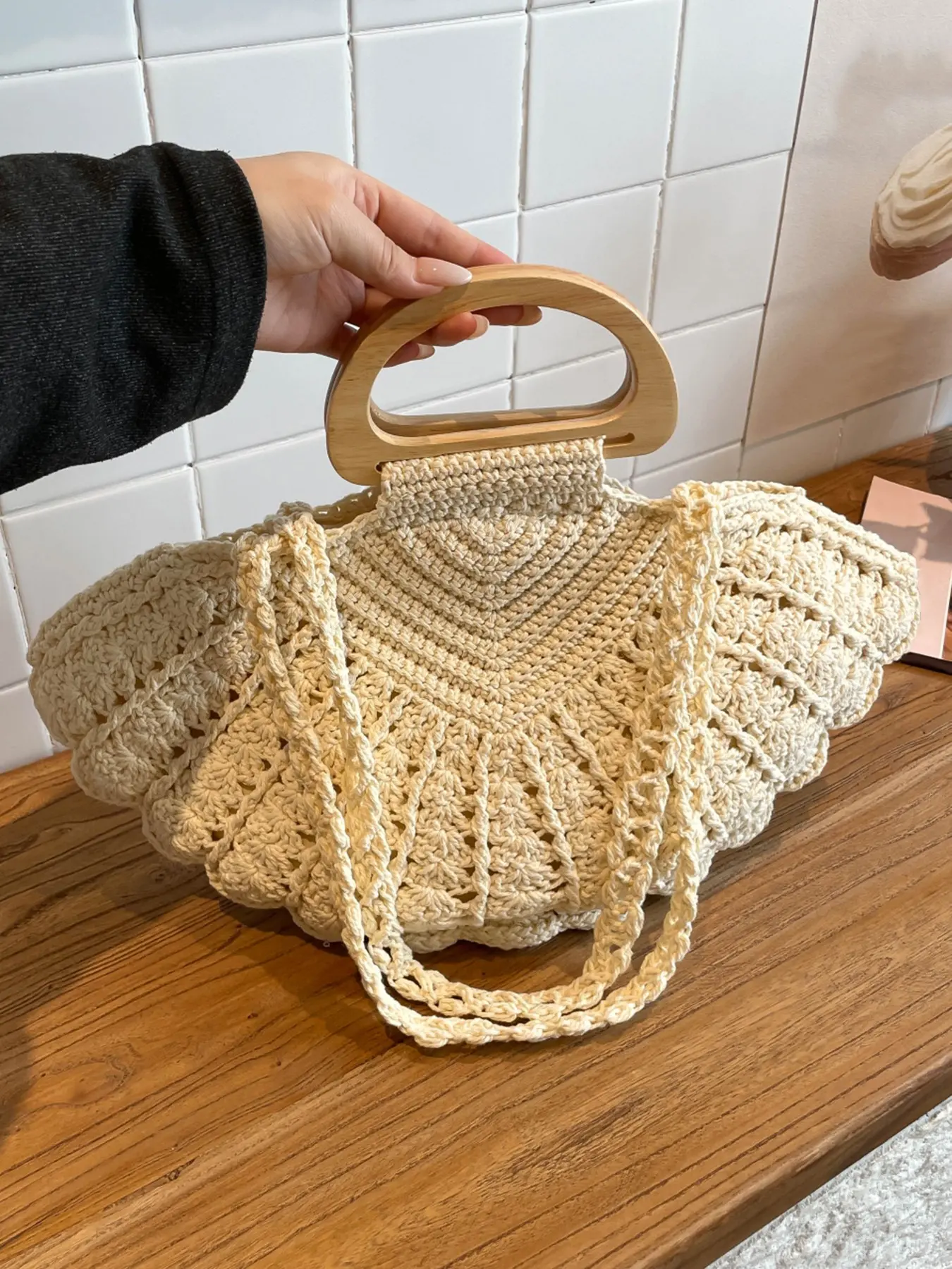Artistic style crochet tote bag, wooden handle with woven shoulder strap, three-dimensional wave shaped bag, delicate crochet texture, beige color tone, gentle and healing feeling, suitable for various dressing scenarios, Handbag, Tote Crossbody Bag