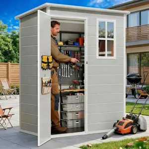 GIZOON Compact HDPE Outdoor Storage Shed - 5x3 FT Weather-Resistant Plastic Unit with Floor, Lockable Door, Sloped Roof for Home, Backyard