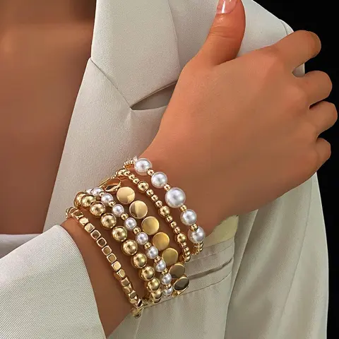 Faux Pearl Decorated Bracelet Set, Beaded Bracelet Sets, Pearl Beaded Bracelet, Elegant Trendy Stack Bangle for Women for Party, Daily Clothing Decor, Trendy All-match & Exquisite Jewelry for Birthday Gift, Stackable Bracelets
