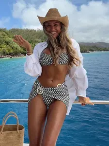 New Split Bikini Set, Geometric Rhombus Pattern, Metal Rings, High Waist Swimsuit, Polka Dot Design, All Seasons, High Waisted Swimsuit