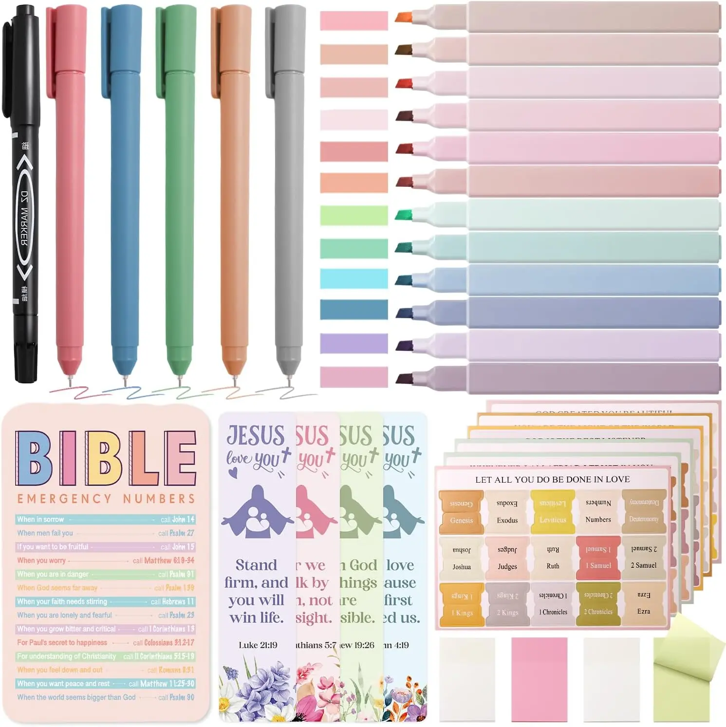 XKDOUS Bible Kit - Deluxe Blue Christian Office Stationery Writing & Correction Tools, Includes 12 Pastel Highlighters, 90 Index Tabs, 5 Smooth Pens & More, Colorful Highlighter Marker for Highlighting, Christian Gift for Women