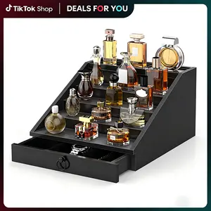 Solid Wood Cologne Organizer 4T-Black（Step-Type）) - 4/5-Tier Stand Shelf, Velvet-Lined Drawer, Hidden Storage, Flip-Top Perfume Display Holder, Mens Gifts, Gifts for Boyfriends, Cool Room Decor, Home Organizer