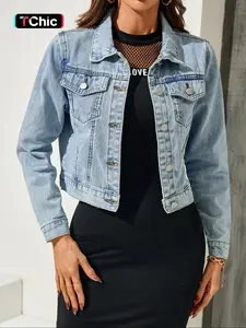 Women's Minimalist Plain Pocket Button Front Crop Denim Jean Jacket Coats, Fitted Jackets for Women, Lady Basic Casual Comfort Long Sleeve Collared Outerwear for Daily Wear, Ladies Clothes, Womenswear, Longsleeves, Casual Fashionable Jacket