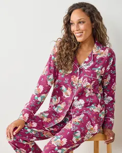 Holiday Hens - Lightweight Flannel Long PJ Set - Burgundy