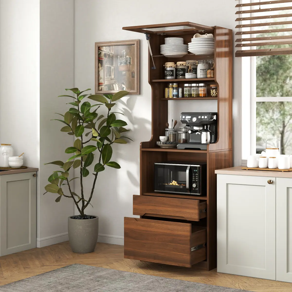 [Bellemave] Kitchen Pantry Hutch Storage Cabinet, Farmhouse Kitchen Hutch Buffet Cabinet with Microwave Stand, Freestanding Pantry Organizer for Coffee Bar, Pantry, Living Room