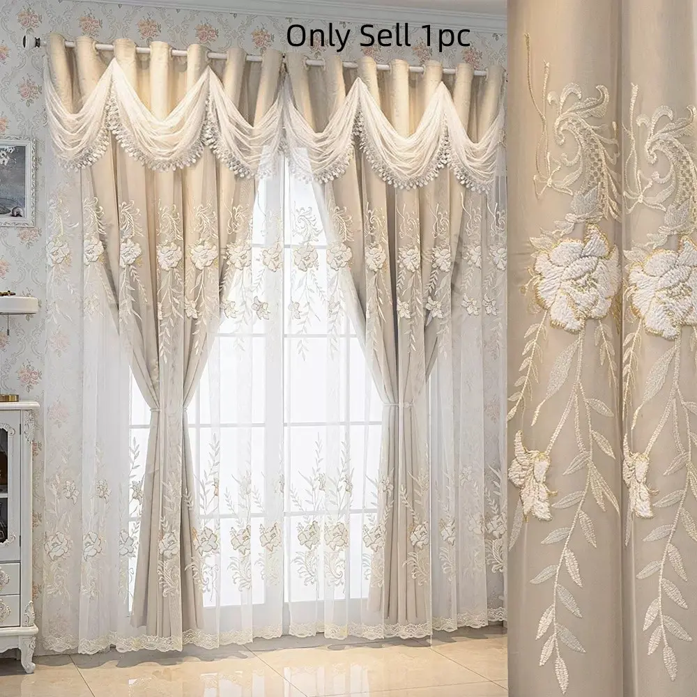 1pc Double Layer Embroidered Blackout Curtain, Living Room Bedroom Kitchen Window Treatment, European Romantic Floral Design, Home Decor