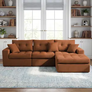 Corduroy Corner Chaise Compression Sofa Bed, L-Shaped Sectional Couch with High-Density Sponge, No-Assembly Required Convertible Sofa for Living Room, Apartment, Guest Room(Orange)
