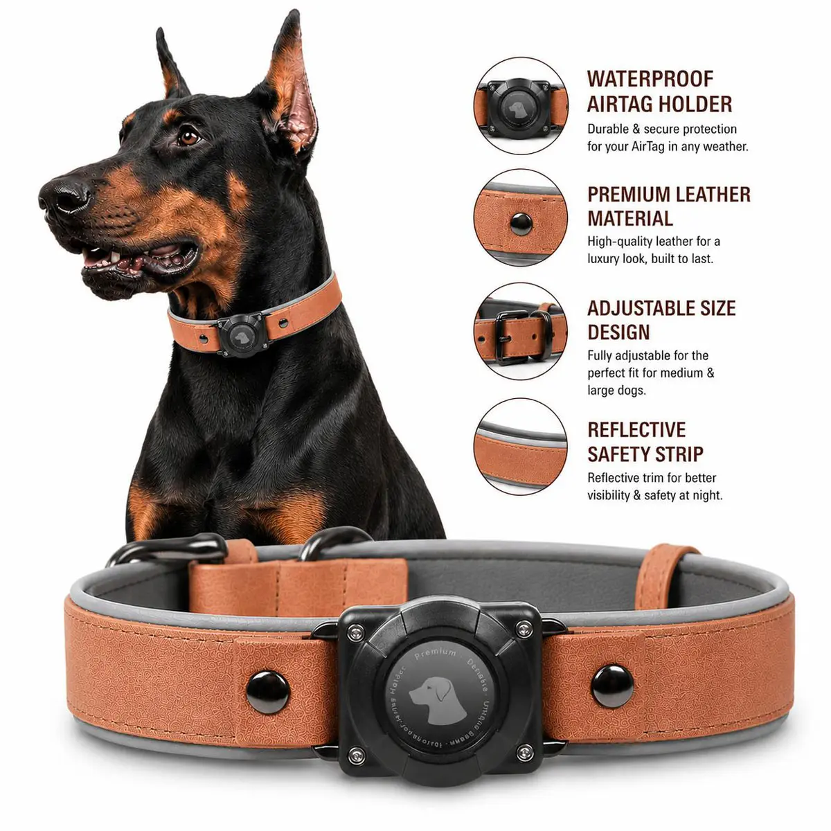 Luxury Leather AirTag Dog Collar, Mahogany Brown Padded Reflective Safety Strip Gear - Waterproof, Fully Adjustable for Medium & Large Dogs - Ideal Father's Day Gift for Him, Collars