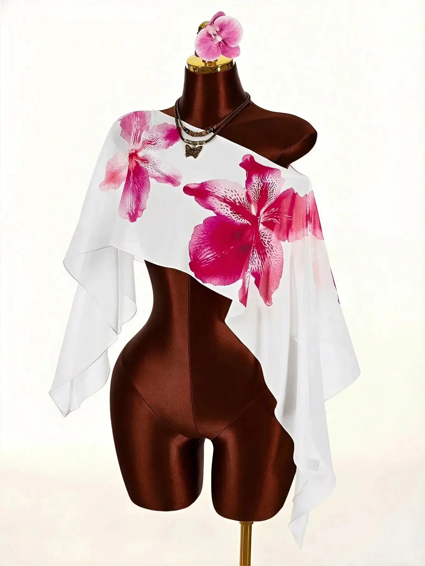 Women's Orchid Print Chiffon Shawl, Boho Floral Shawl, Lightweight Sheer Scarf, Summer Beach Cover-Up, Perfect for Vacation & Daily Wear