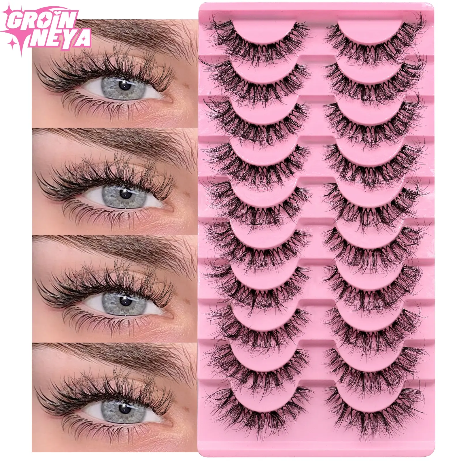 GROINNEYA 10 Pairs D Crul Lashes Natural Look Faux Mink Eyelashes Wispy Effectt Fluffy False Eyelashes Volumized False Eyelashes Thick Downy Mega Volume Lashes Soft Lightweight Eyelashes,Suitable For Daily Date Makeup